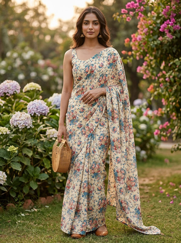Cream Vintage Rose Bouquet Floral Rayon Digital Printed Fabric - Saree Lookbook - RA-0-TA05681-110 - alternate view