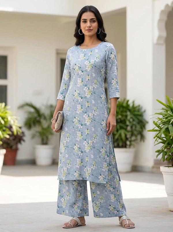Blue Dainty Floral Garden Rayon Digital Printed Fabric - Straight Kurta with Palazzo Lookbook - RA-0-TA05677-110 - alternate view