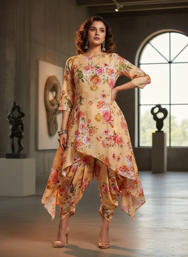 Bloom Pink Forest Flower Digital Printed Fabric - Rayon - Asymmetric Tunic with Dhoti Pants Lookbook - RA-0-TA08282-110 - alternate view