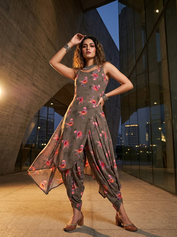 Brown Vintage Rose Floral Bouquets Rayon Digital Printed Fabric - Asymmetric Tunic with Dhoti Pants Lookbook - RA-0-TA08330P1-110 - alternate view