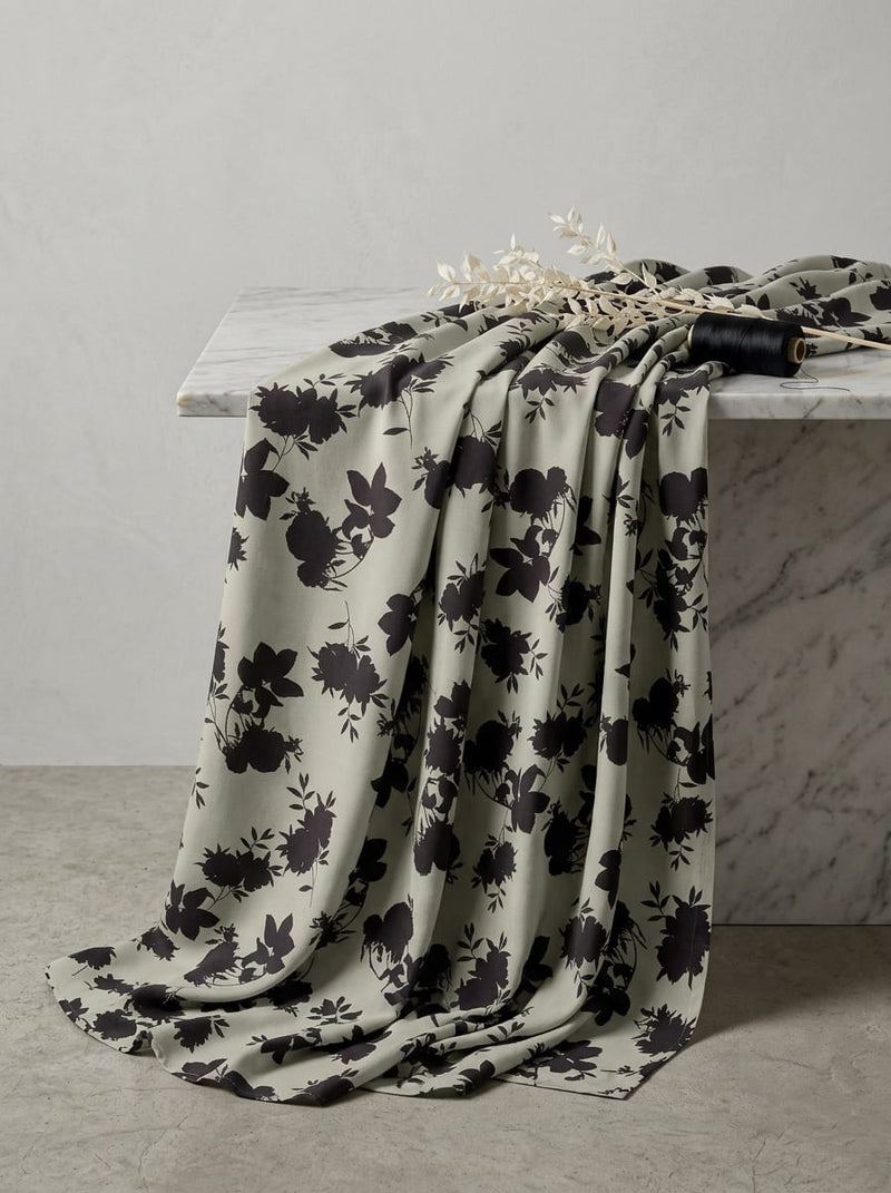 Cream Floral Silhouette Rayon Digital Printed Fabric
