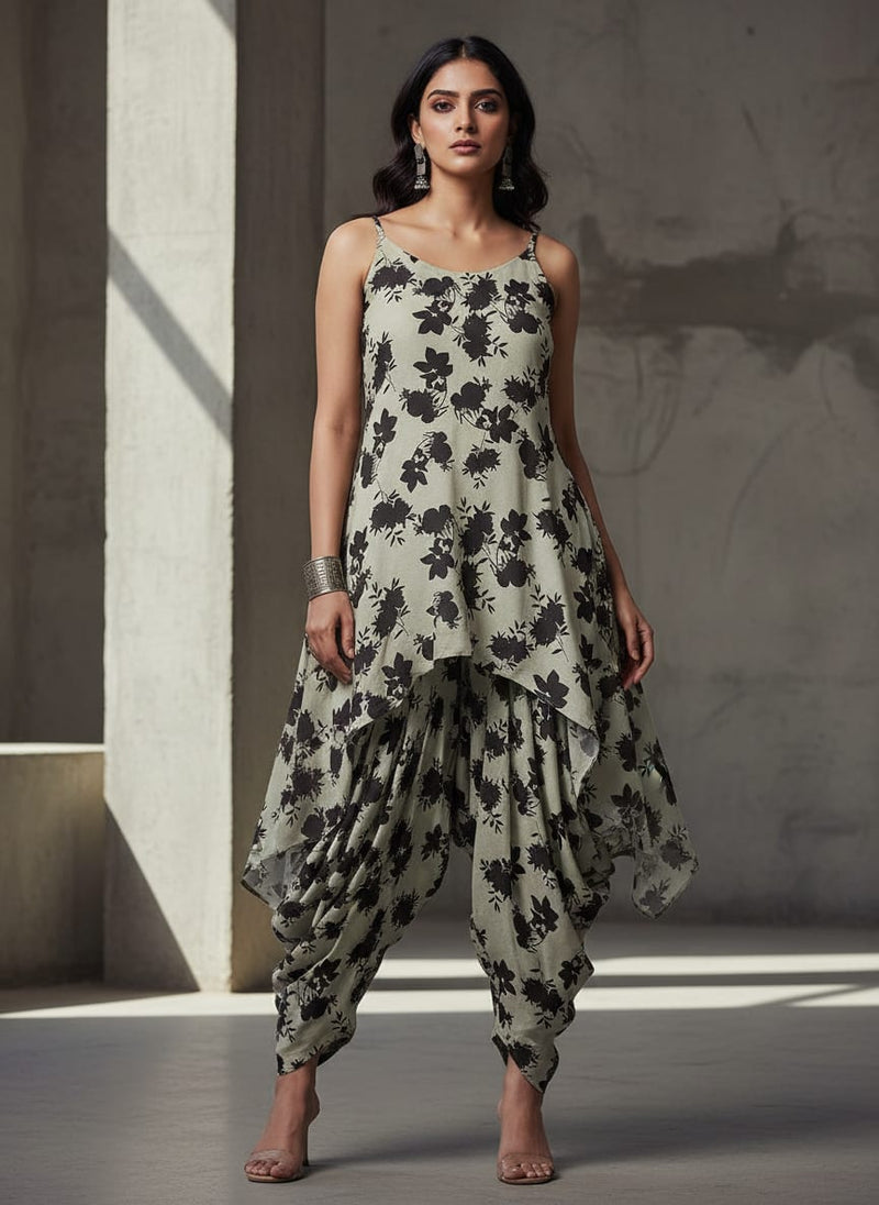 Cream Floral Silhouette Rayon Digital Printed Fabric