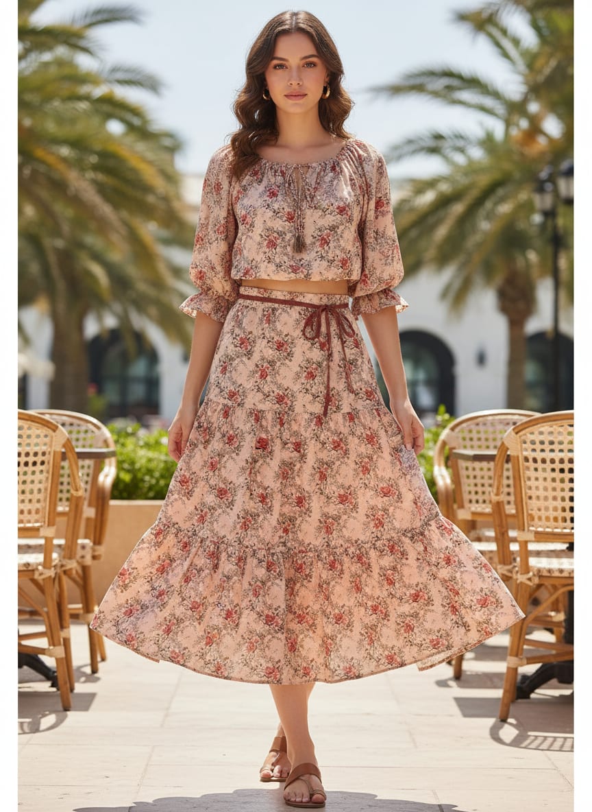 Peach Vintage Rose Floral Bouquets Rayon Digital Printed Fabric
