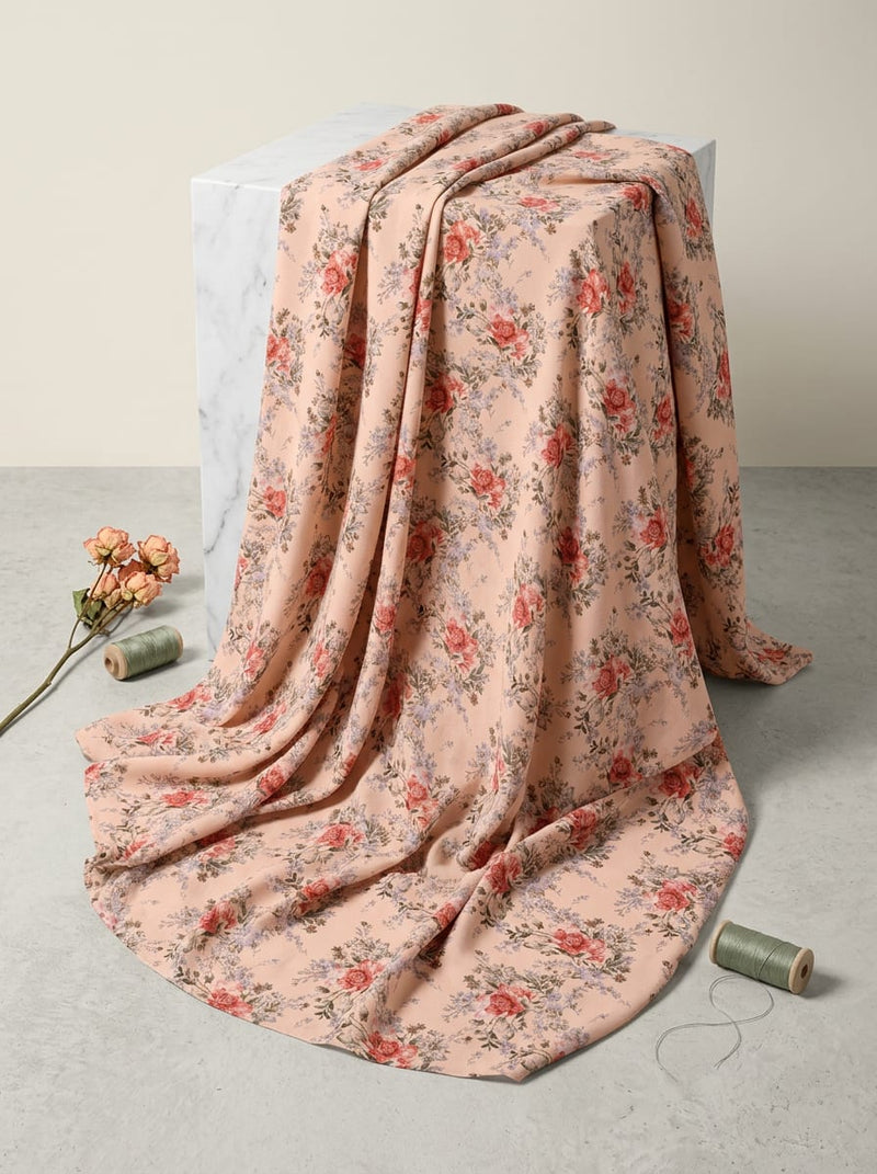Peach Vintage Rose Floral Bouquets Rayon Digital Printed Fabric