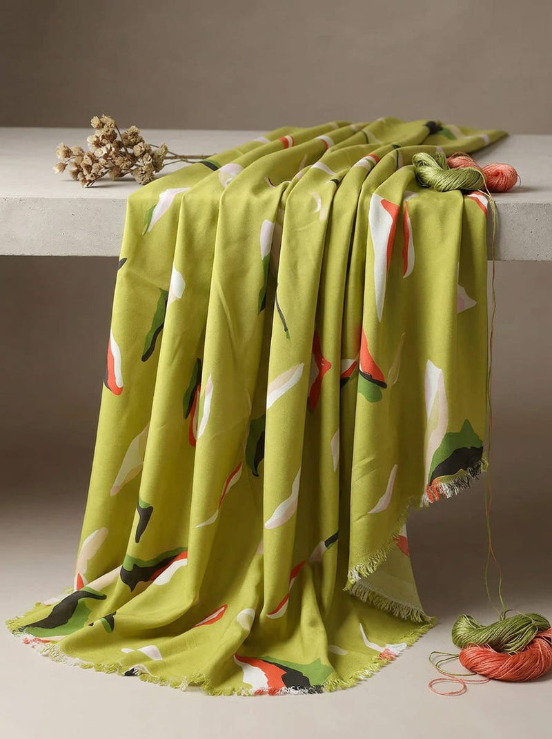 Olive Abstract Brushstroke Shapes Rayon Digital Printed Fabric