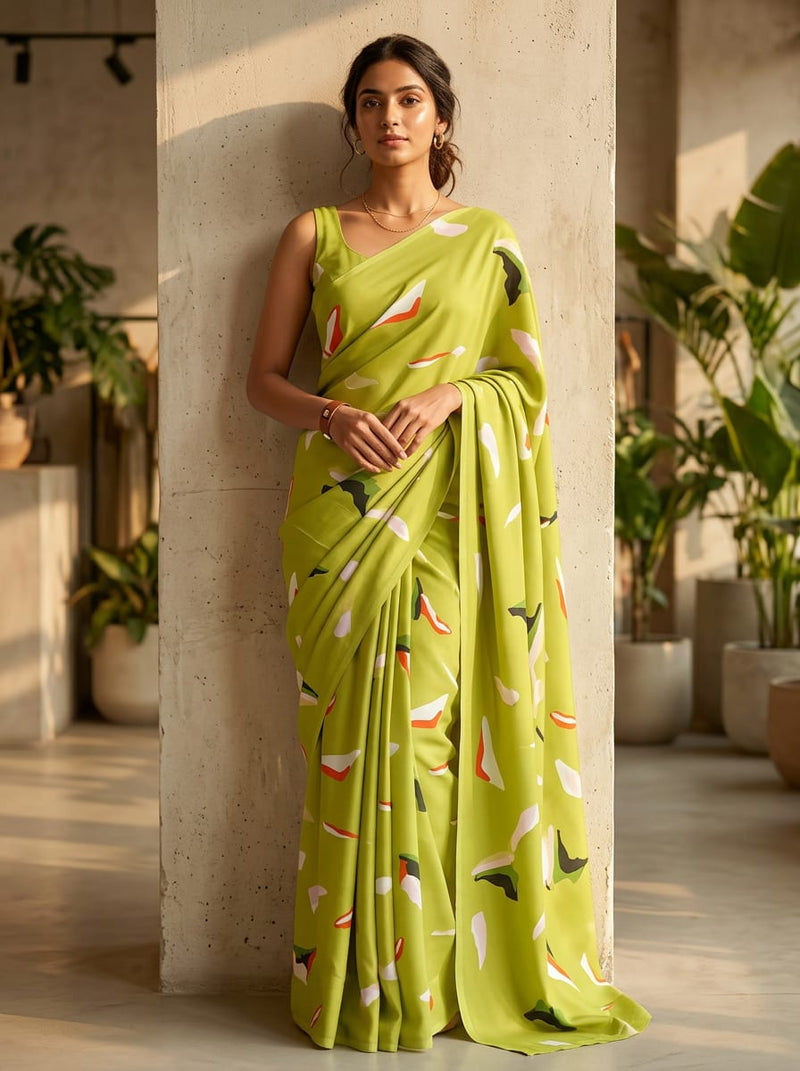Olive Abstract Brushstroke Shapes Rayon Digital Printed Fabric