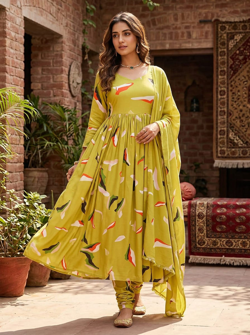 Olive Abstract Brushstroke Shapes Rayon Digital Printed Fabric
