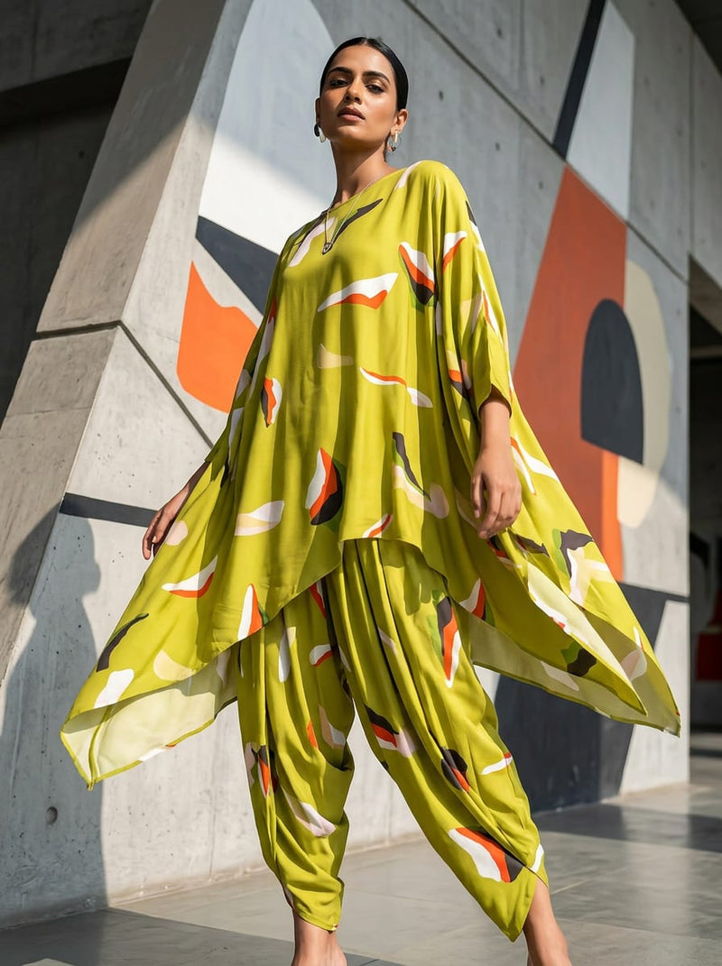 Olive Abstract Brushstroke Shapes Rayon Digital Printed Fabric