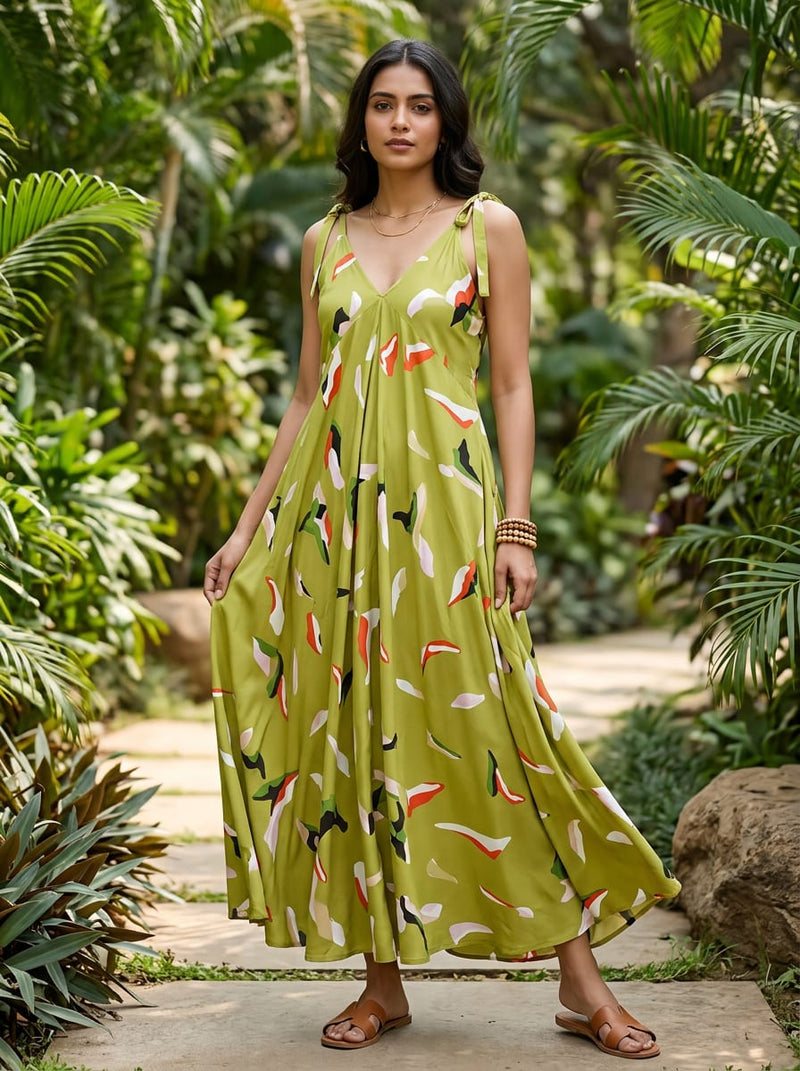Olive Abstract Brushstroke Shapes Rayon Digital Printed Fabric