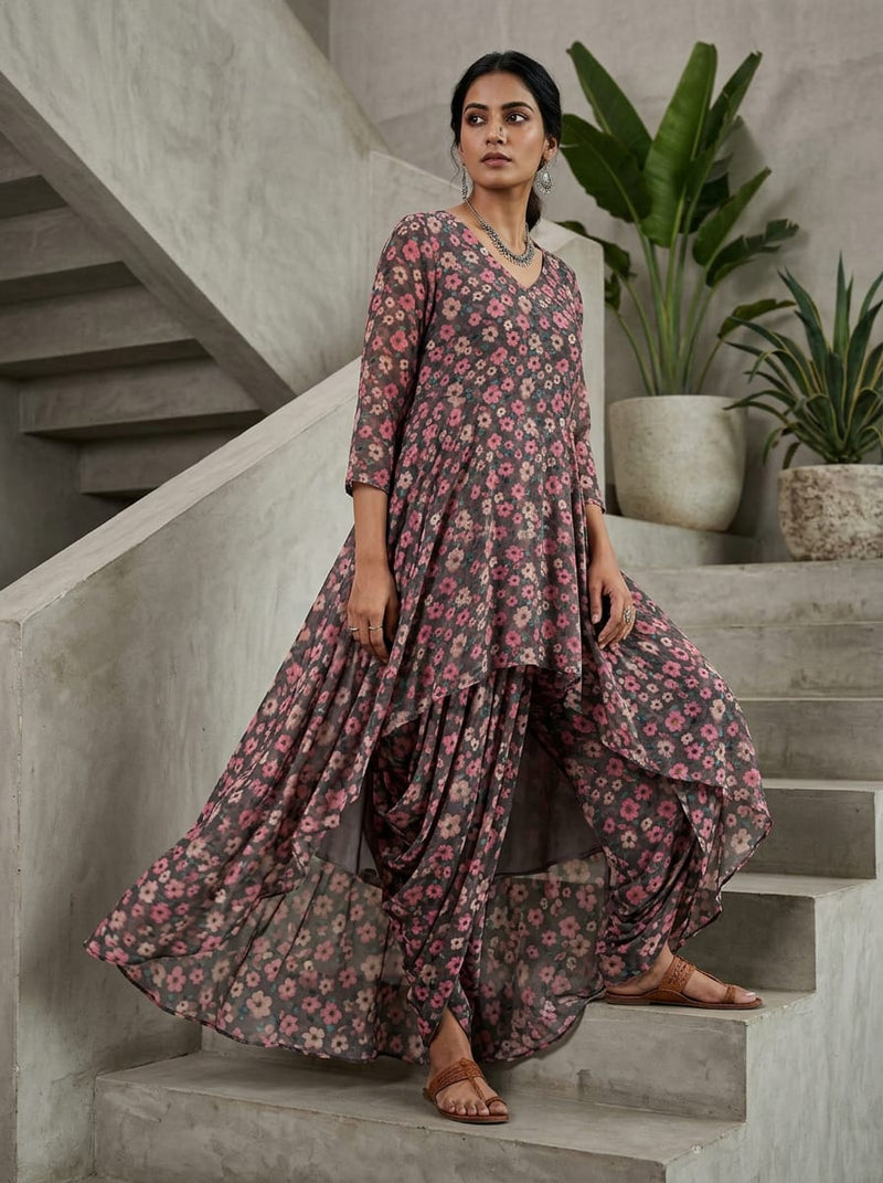 Grey Ditsy Floral Rayon Digital Printed Fabric