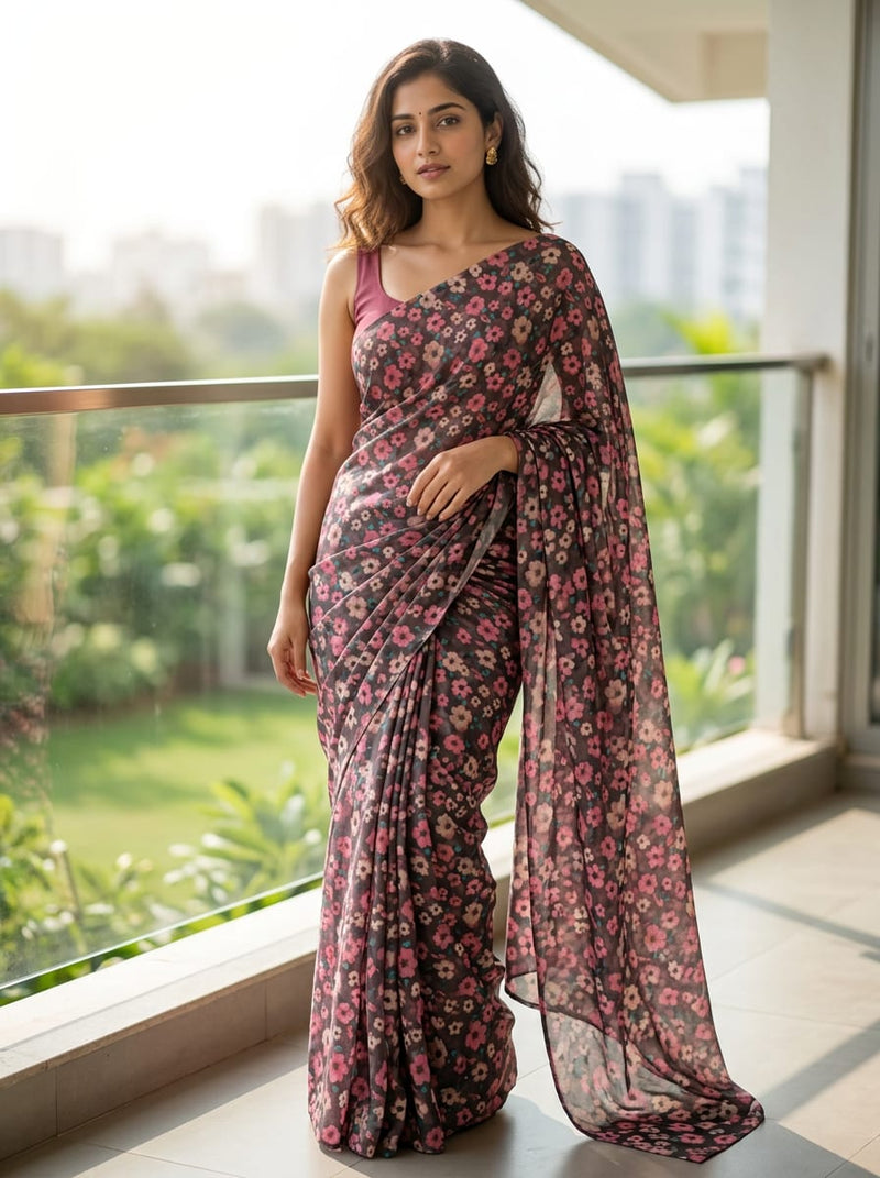 Grey Ditsy Floral Rayon Digital Printed Fabric