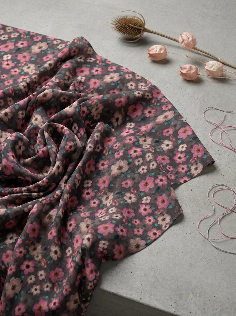 Grey Ditsy Floral Rayon Digital Printed Fabric