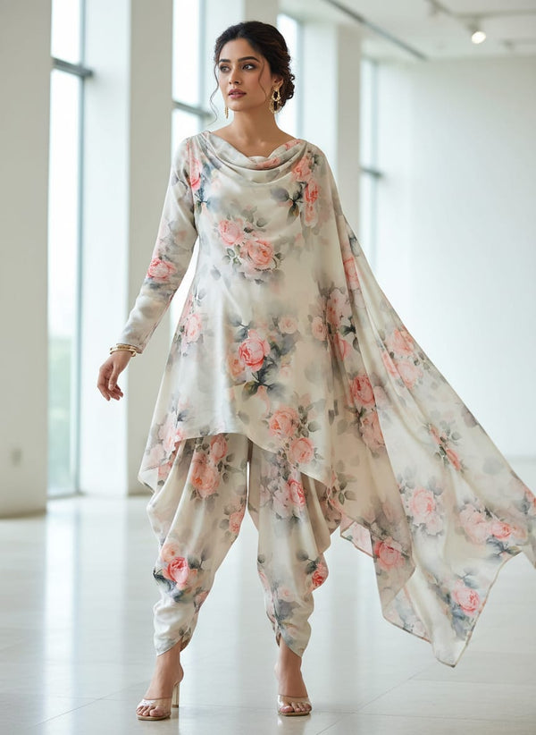 Beautiful Summer Peony Bunch Digital Printed Fabric - Rayon - Asymmetric Tunic with Dhoti Pants Lookbook - RA-0-TA08670-110 - alternate view