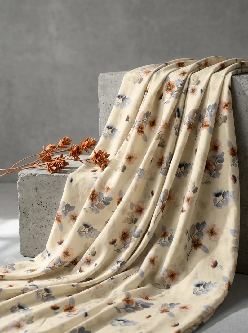 Cream Delicate Watercolor Floral Rayon Digital Printed Fabric