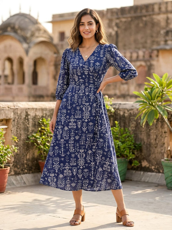 Navy Ethnic Botanical Motif Rayon Digital Printed Fabric - Wrap Dress Lookbook - RA-0-TA08751-110 - alternate view