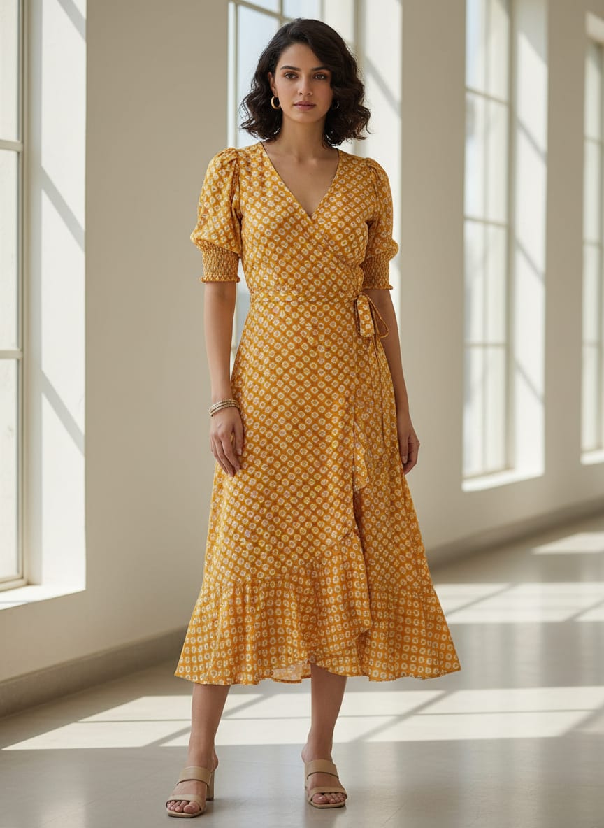 This fabric drapes with effortless grace, glowing with a sun-drenched geometric pattern.