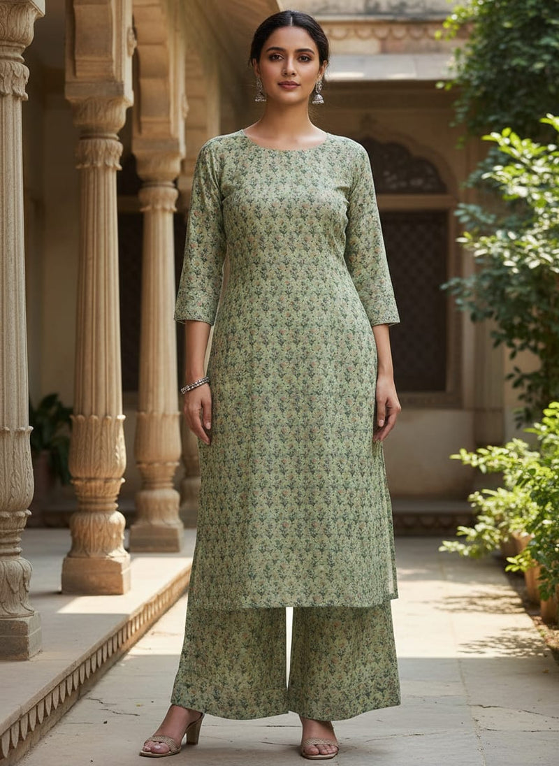 Green Small Ethnic Floral Buti Rayon Digital Printed Fabric