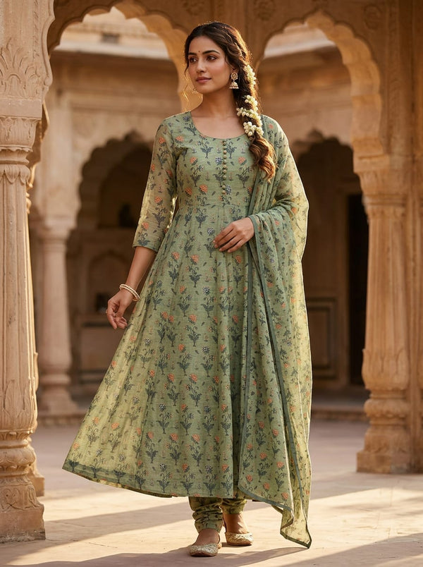 Green Small Ethnic Floral Buti Rayon Digital Printed Fabric - Anarkali Kurta Set Lookbook - RA-0-MA0128-110 - alternate view