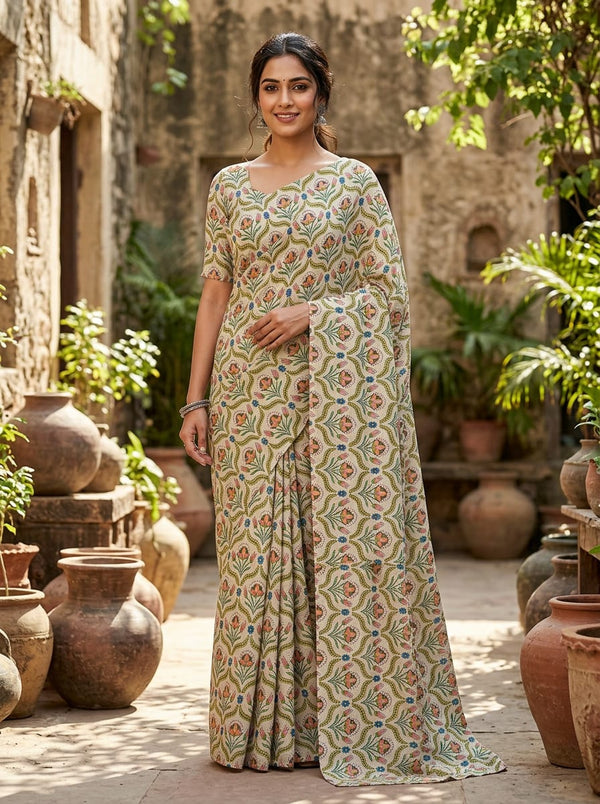 Multicolor Traditional Floral Motif Rayon Digital Printed Fabric - Saree Lookbook - RA-0-TA0957-110 - alternate view