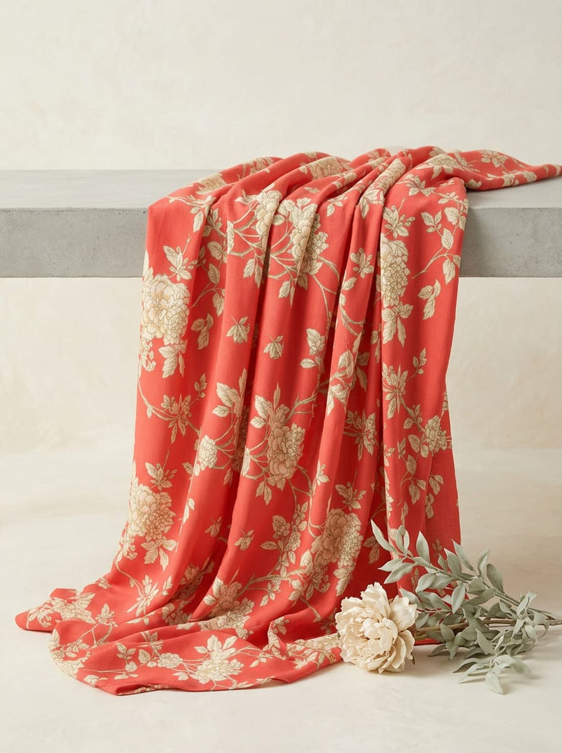 Red Classic Floral Vine Rayon Digital Printed Fabric