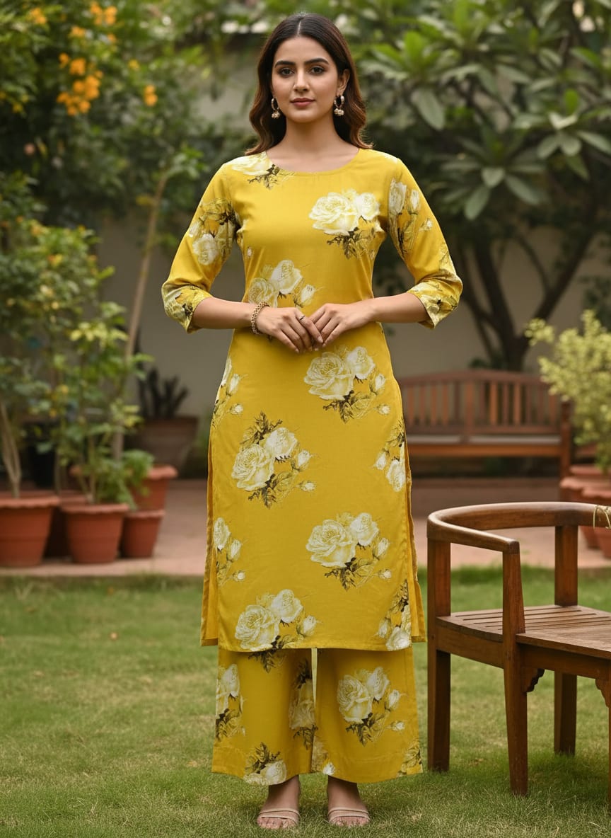 Lemon Yellow Flower Allover Digital Printed Fabric - Rayon