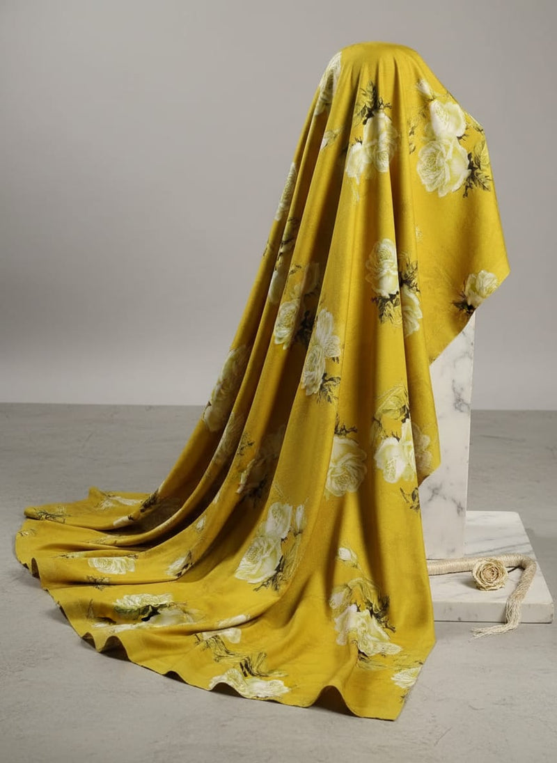 Yellow Classic White Roses Floral Print Rayon Digital Printed Fabric