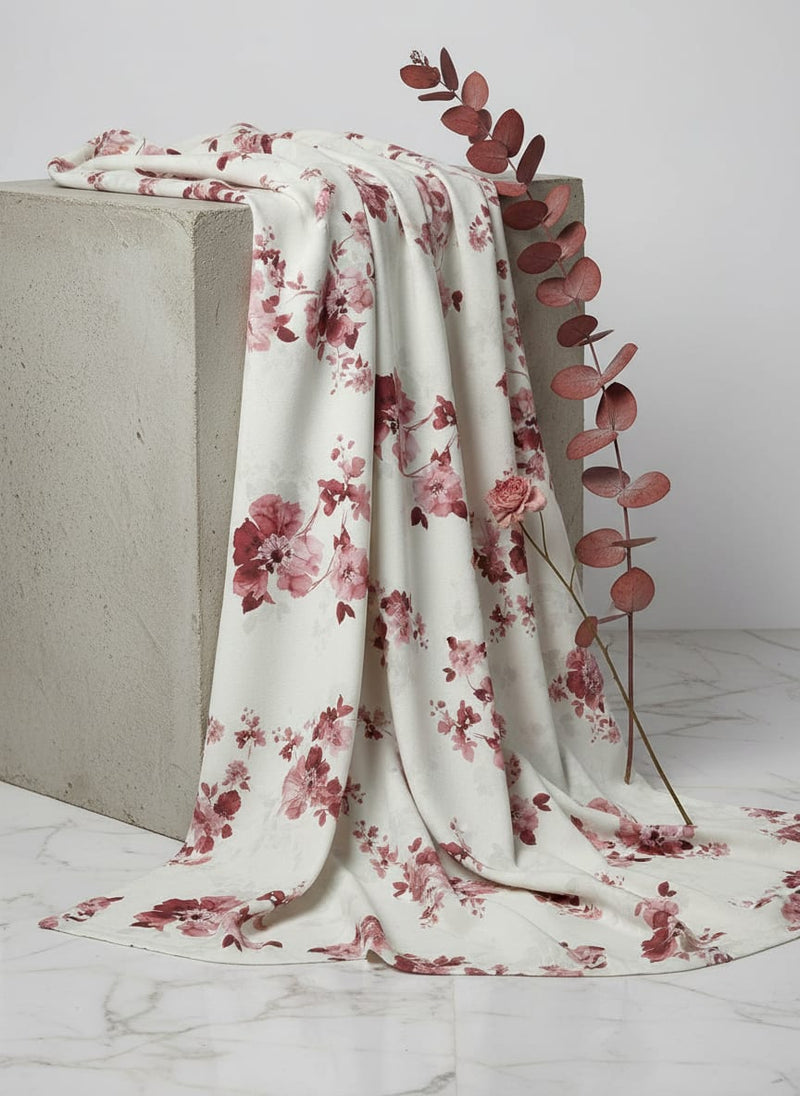 White Watercolour Floral Branch Rayon Digital Printed Fabric