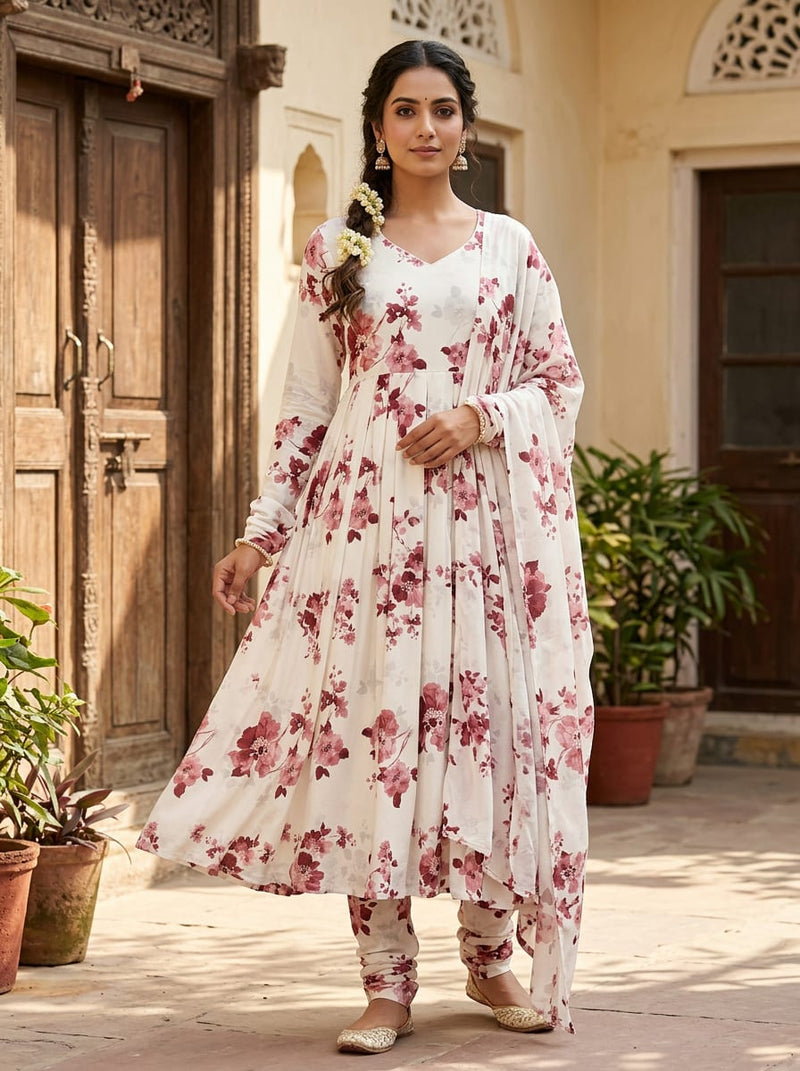 White Watercolour Floral Branch Rayon Digital Printed Fabric