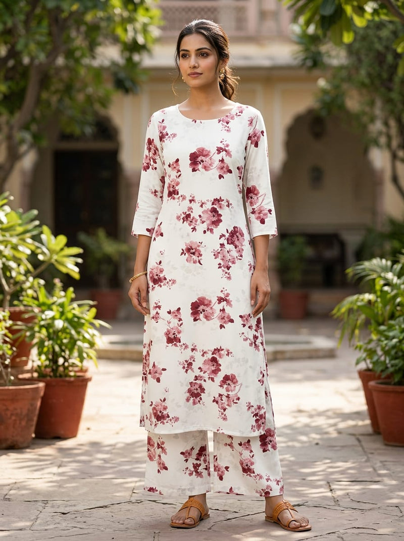 White Watercolour Floral Branch Rayon Digital Printed Fabric