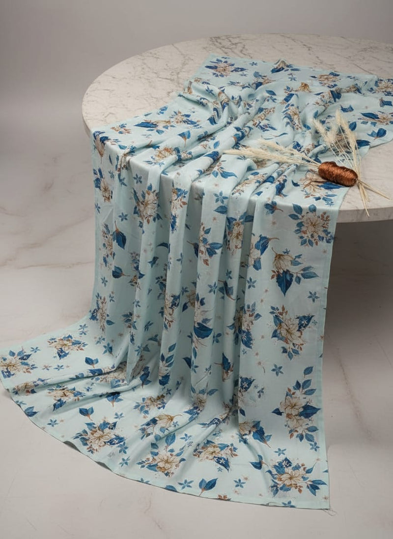 Blue Botanical Floral Rayon Digital Printed Fabric