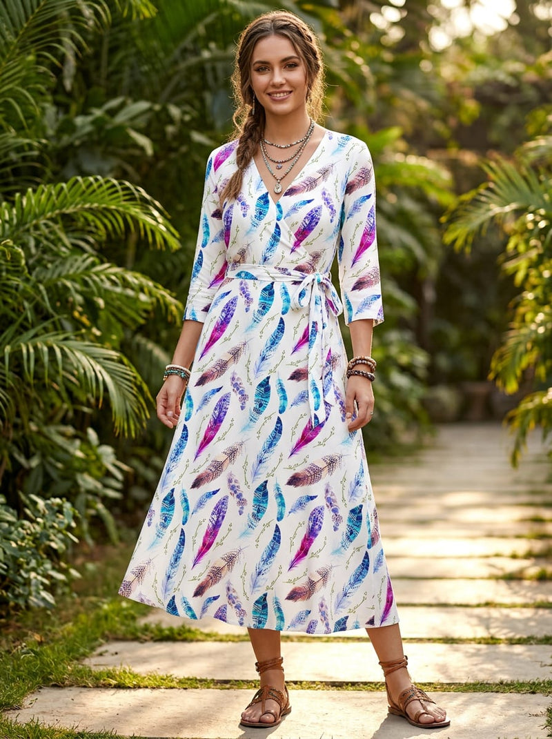 Multicolor Bohemian Feather Print Rayon Digital Printed Fabric
