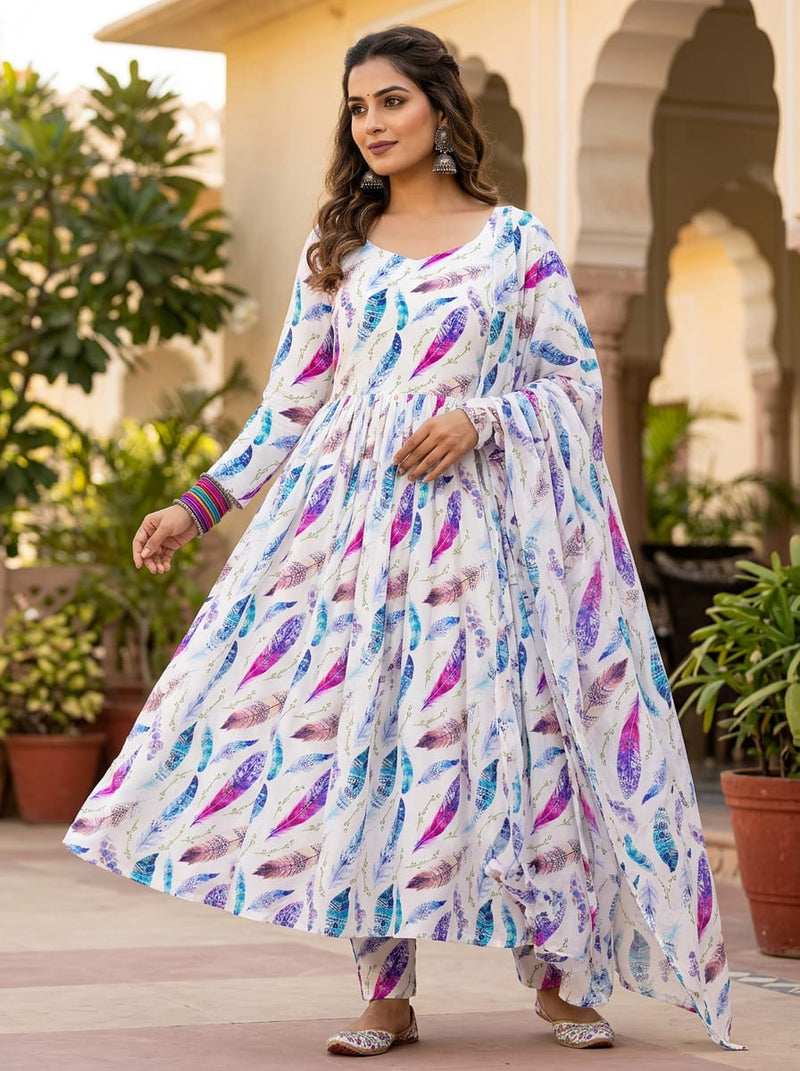 Multicolor Bohemian Feather Print Rayon Digital Printed Fabric