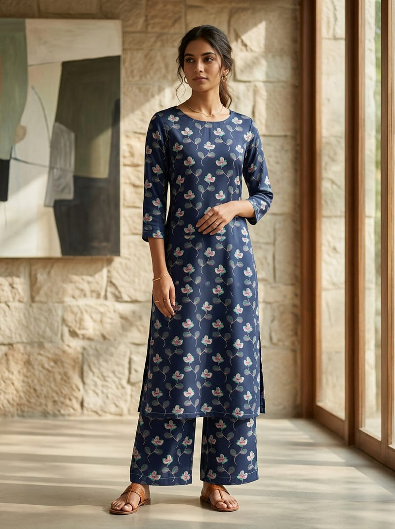 Navy Stylized Clover Floral Vine Rayon Digital Printed Fabric