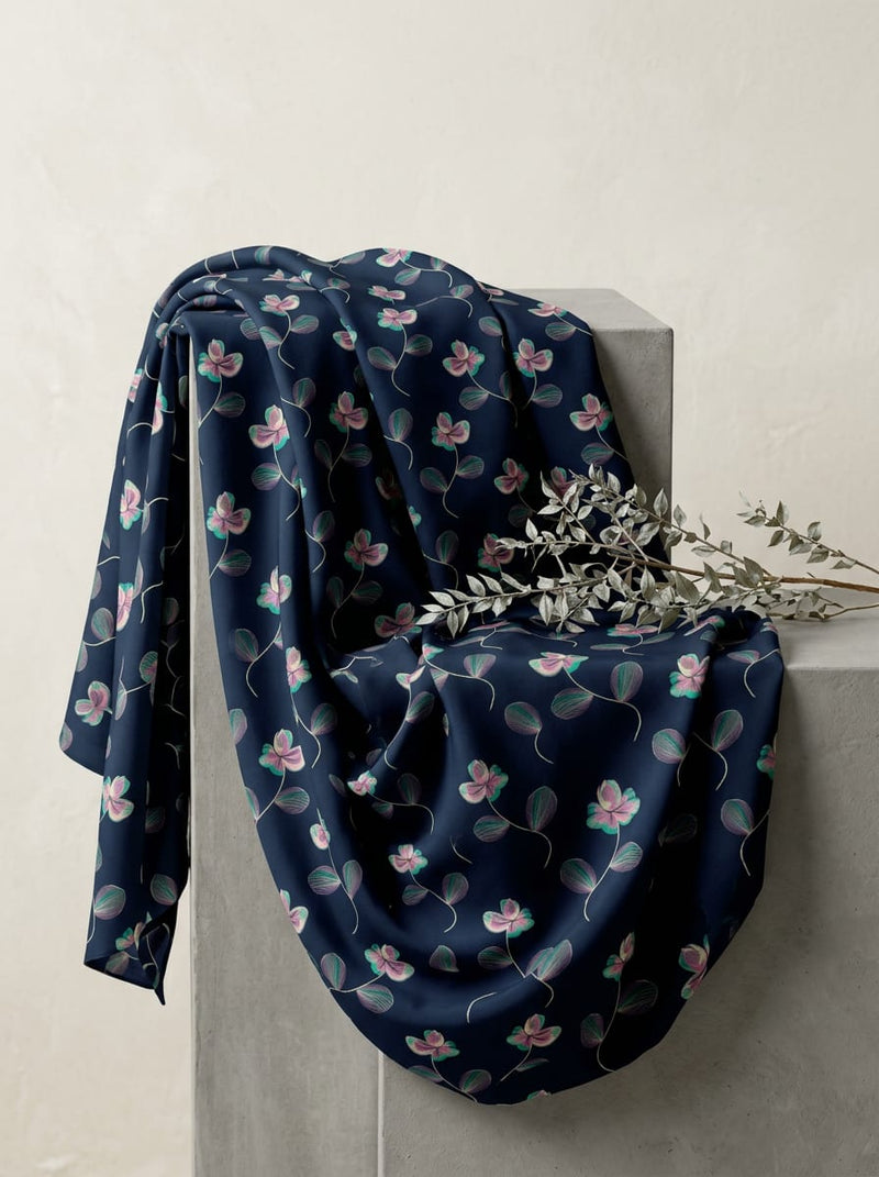 Navy Stylized Clover Floral Vine Rayon Digital Printed Fabric