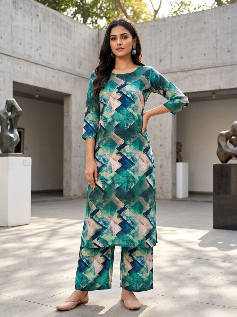 Multicolor Abstract Geometric Textured Print Rayon Digital Printed Fabric