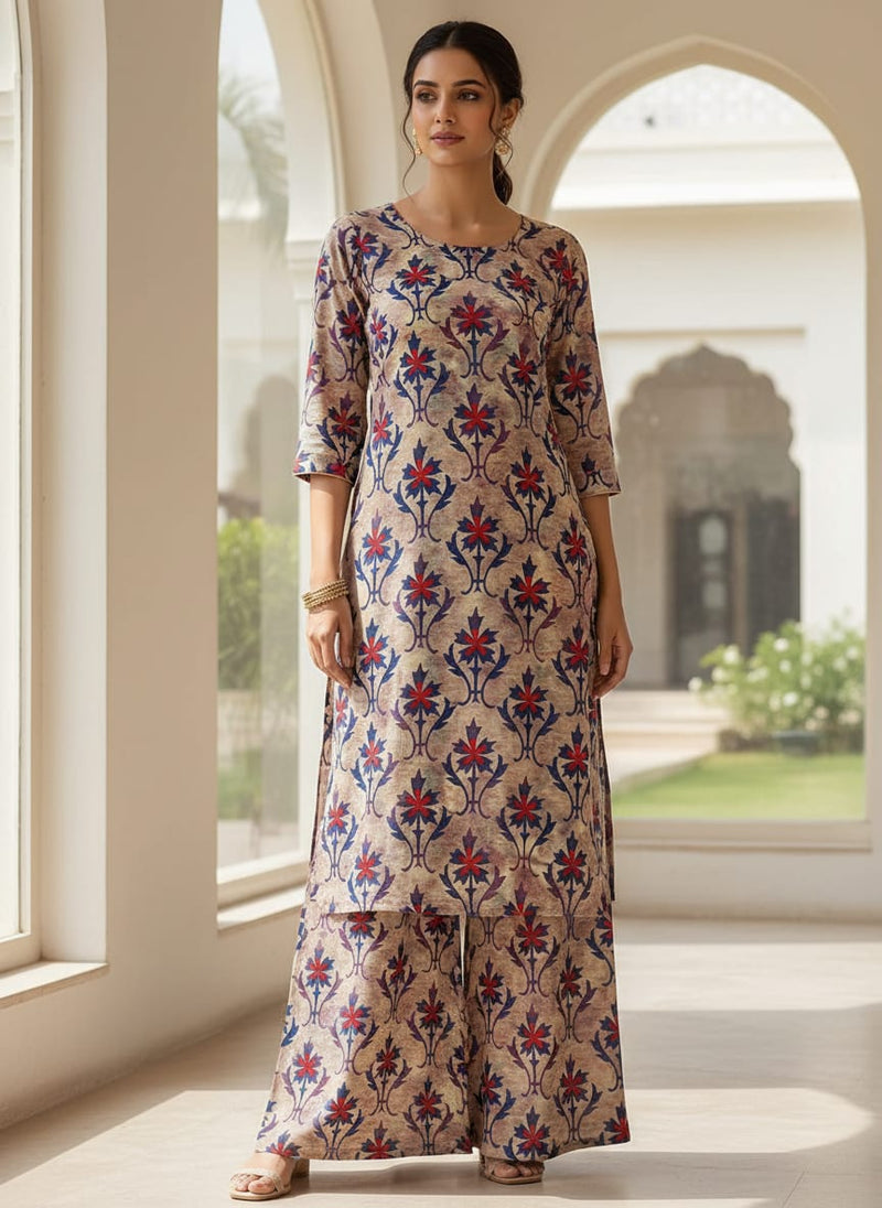 Multicolor Ethnic Damask Floral Pattern Rayon Digital Printed Fabric
