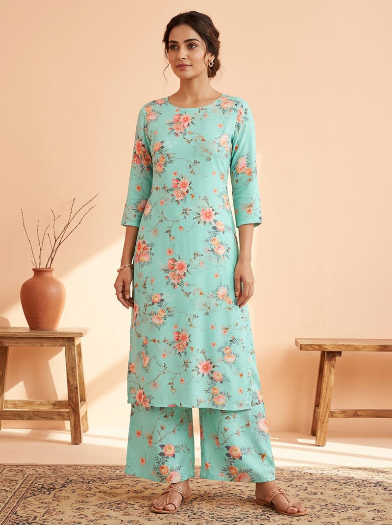 Teal Peach Rose Floral Rayon Digital Printed Fabric