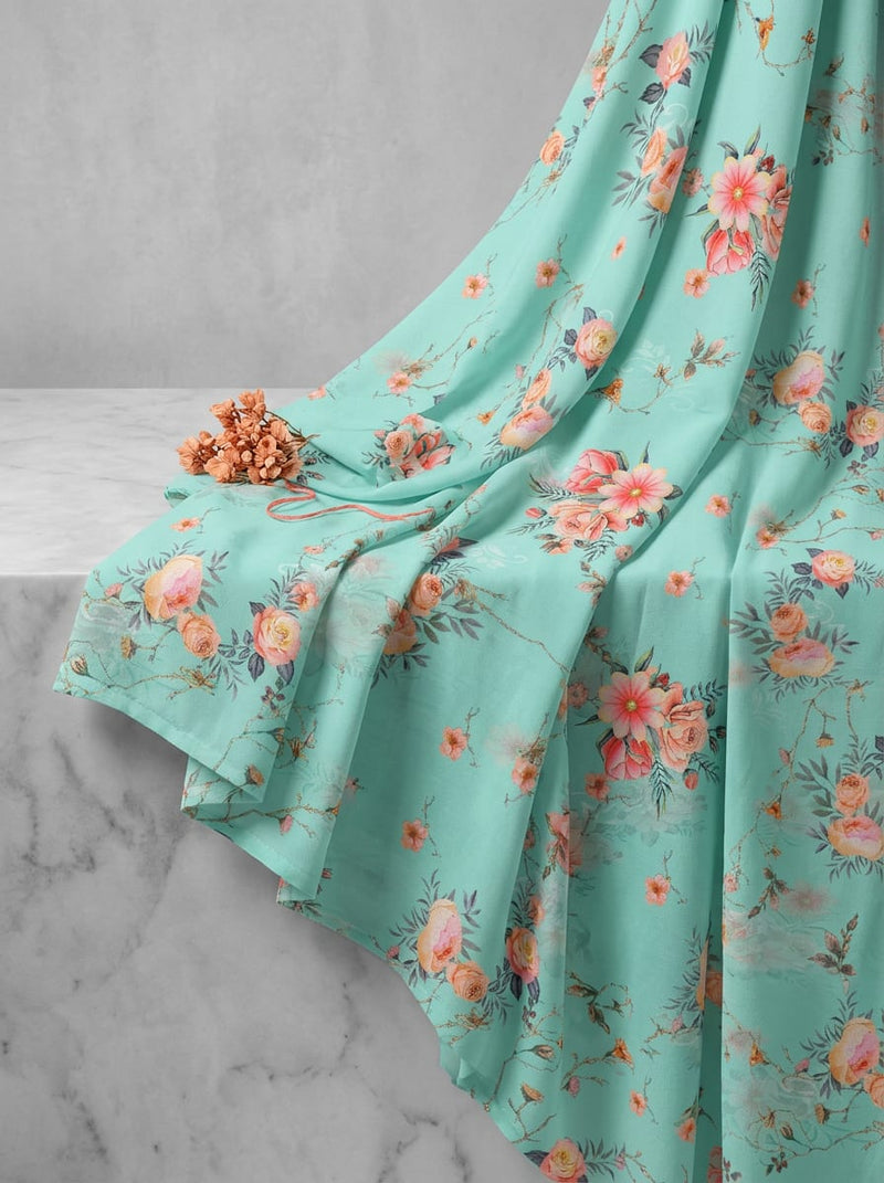 Teal Peach Rose Floral Rayon Digital Printed Fabric