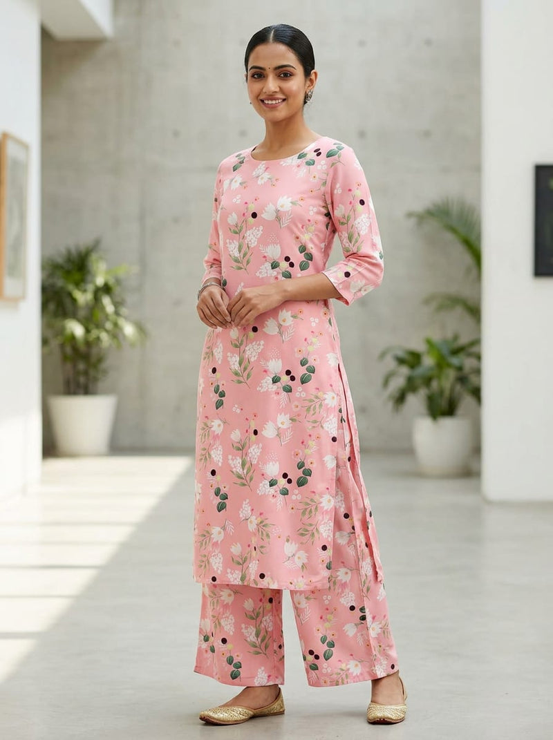 Pink Dainty Floral and Botanical Print Rayon Digital Printed Fabric