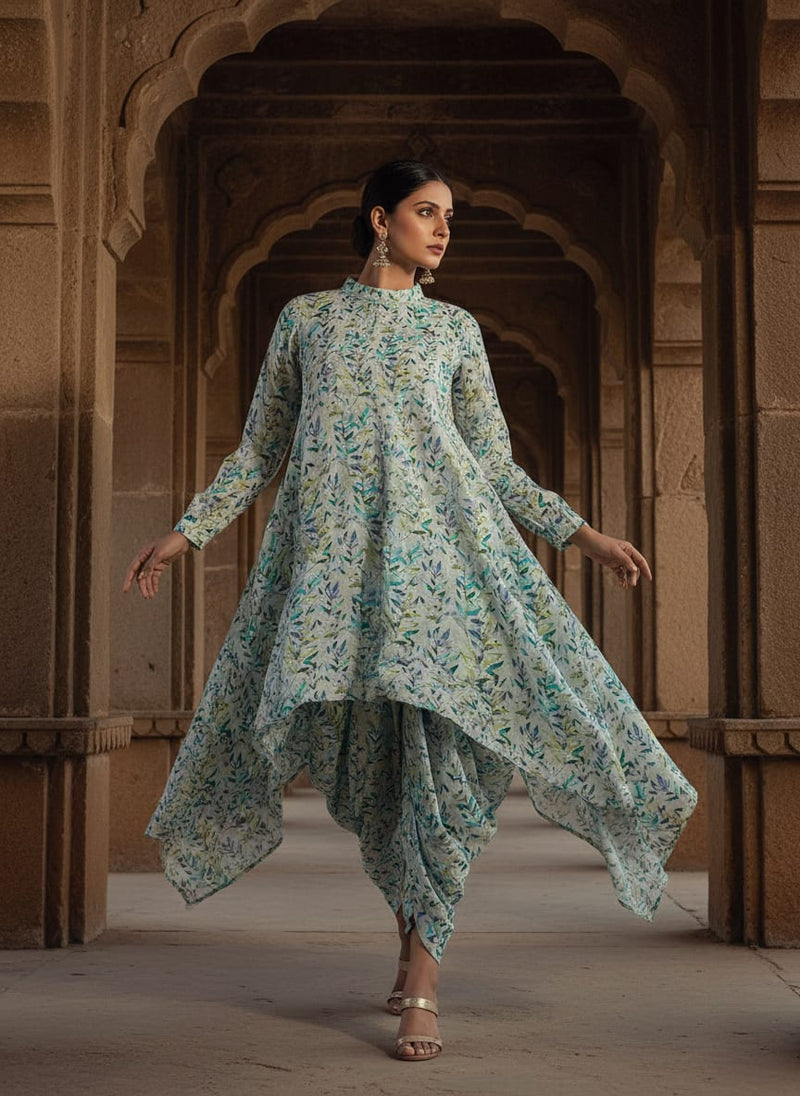 Green And Bluish Leaves Motif Digital Printed Fabric  - Rayon