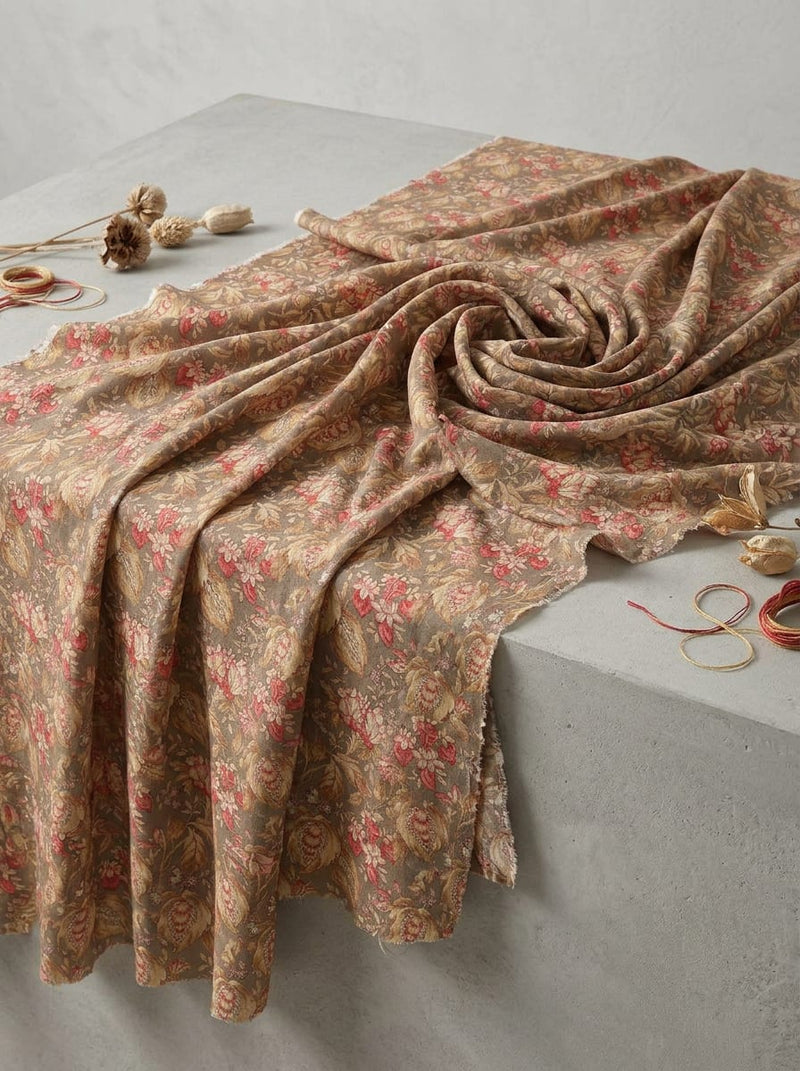 Grey Vintage Floral Botanical Rayon Digital Printed Fabric