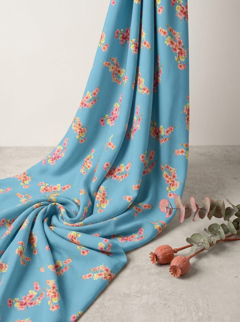Blue Small Blossom Floral Sprigs Rayon Digital Printed Fabric