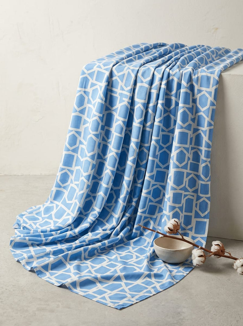 Blue Geometric Hexagon Lattice Rayon Digital Printed Fabric