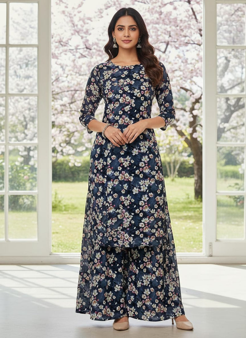 Navy Small Cherry Blossom Floral Rayon Digital Printed Fabric