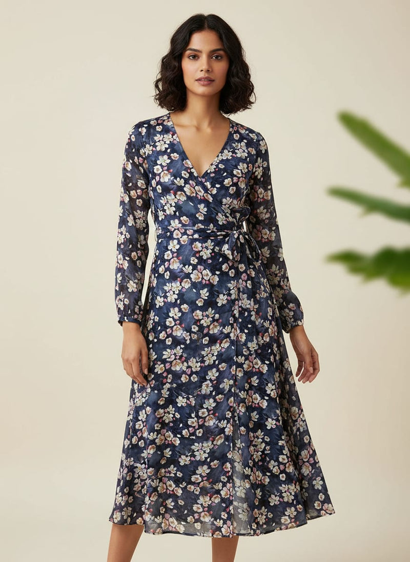 Navy Small Cherry Blossom Floral Rayon Digital Printed Fabric