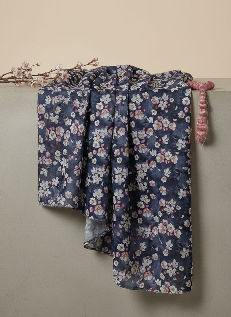 Navy Small Cherry Blossom Floral Rayon Digital Printed Fabric