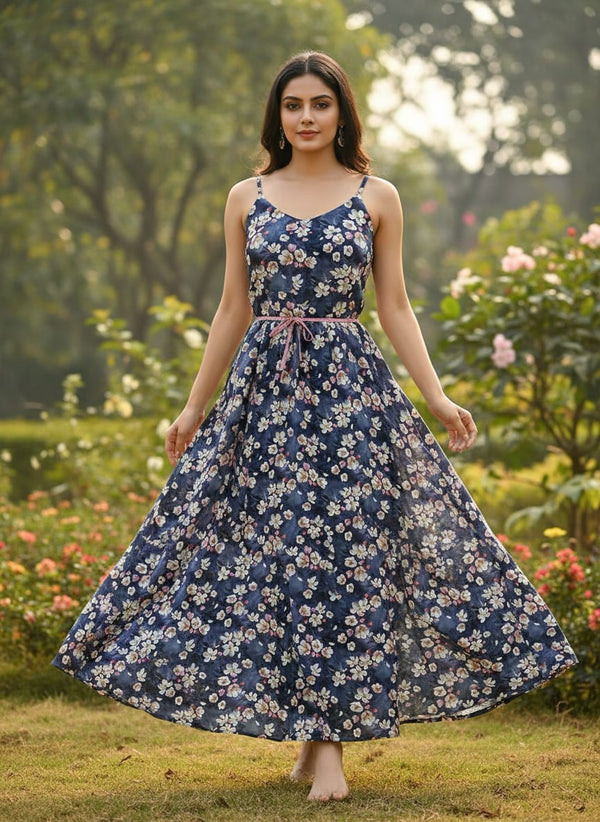 Navy Small Cherry Blossom Floral Rayon Digital Printed Fabric - Flowy Maxi Dress Lookbook - RA-0-TA08308-110 - alternate view