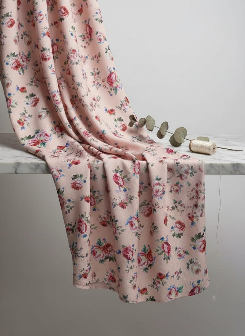 Exotic Blooms Water Color Cream Rose Digital Printed Fabric - Rayon