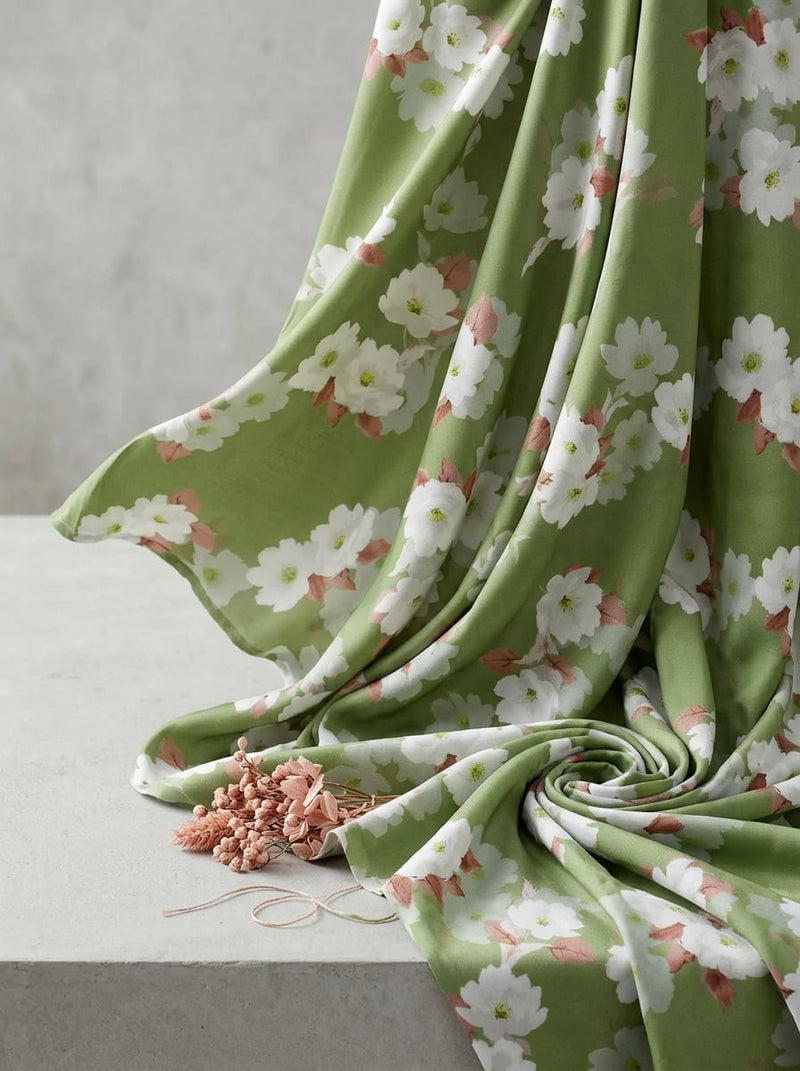 Olive White Cherry Blossom Floral Rayon Digital Printed Fabric