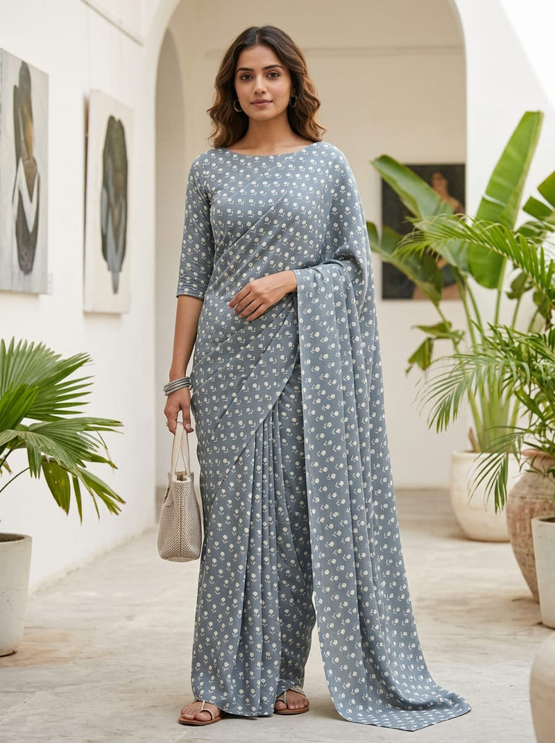 Grey Small Ethnic Floral Buti Rayon Digital Printed Fabric